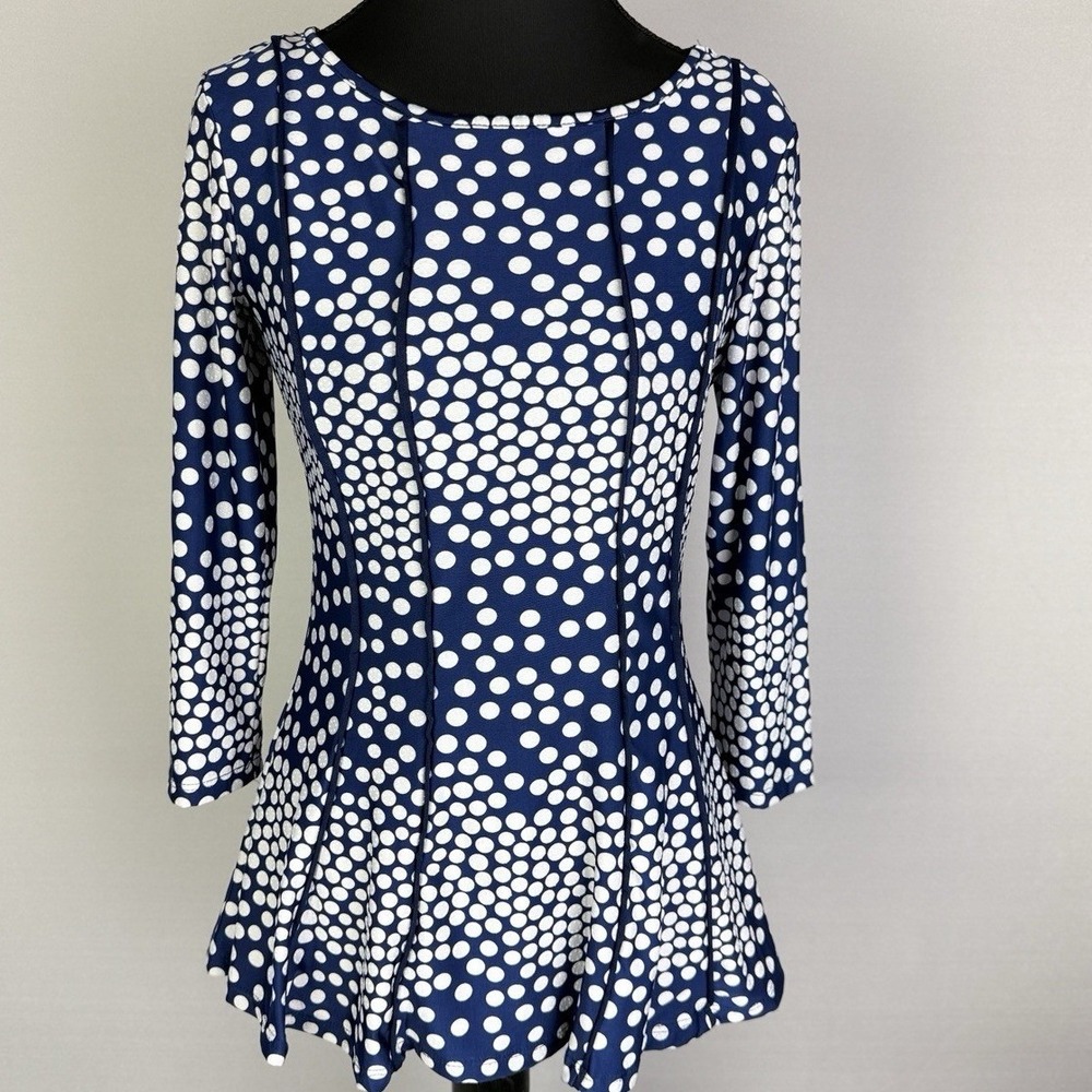 LA VANYA Petite Stretchy Pullover Dress/Shirt Blue & White Poka Dot Size PS